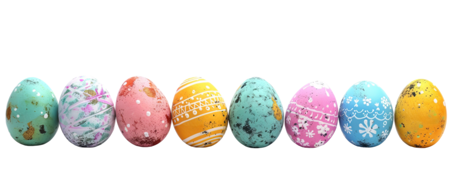 Decorated pastel color Easter eggs on a row over isolated transparent background