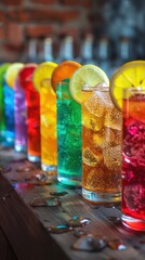 A row of glasses filled with different colored drinks, including lemon juice.