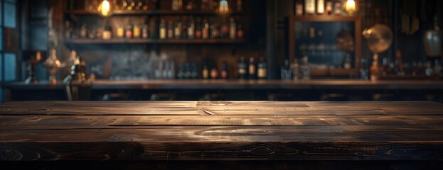An elegant, empty wooden table positioned in front of a bar filled with a variety of bottles. - obrazy, fototapety, plakaty