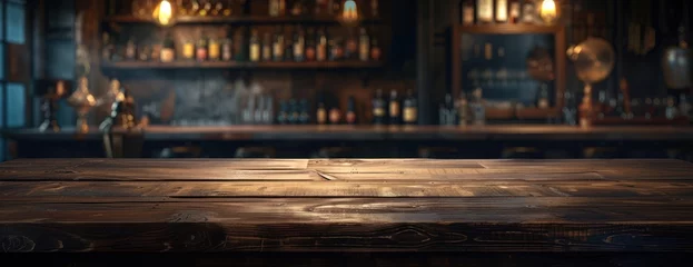 Poster An elegant, empty wooden table positioned in front of a bar filled with a variety of bottles. © FryArt Studio