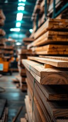 Obraz premium Numerous wooden planks neatly stacked in a warehouse, ready for use in construction or manufacturing processes.