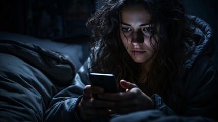a woman lying in bed looking at a phone - obrazy, fototapety, plakaty