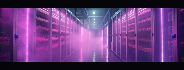 A high-tech vertical farm showcasing a long hallway illuminated by rows of vibrant purple lights.