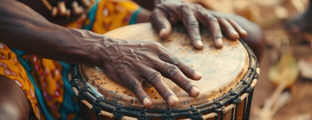 A close up of a persons hands drumming a vintage handmade Haitian