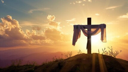 A cross with a cloth draped over it on a hill. White cloth hung on Cross crucifix, Easter background