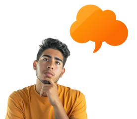 Latin American young man looking pensive with orange thinking cloud on his side with copy space. Isolated over transparent background