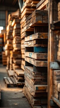A pile of wooden pallets stacked in an industrial warehouse.