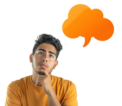 Latin American young man looking pensive with orange thinking cloud on his side with copy space. Isolated over transparent background