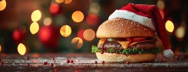 An American hamburger adorned with a Santa Claus hat sits on a table, adding festive cheer to the scene. - obrazy, fototapety, plakaty