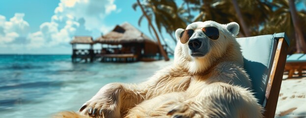 Fototapeta premium A polar bear takes a break in a beach chair on the sandy shore.