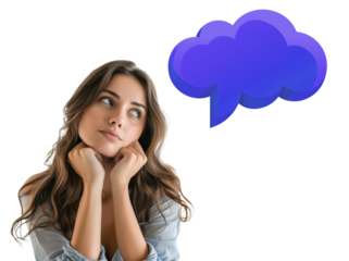 Young woman looking thoughtful and pensive with thinking cloud icon by her side with copy space. Isolated over transparent background