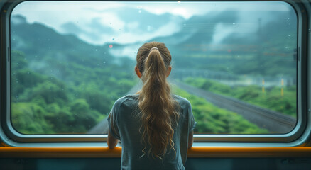 Woman gazing out of a train window at a scenic mountain landscape - obrazy, fototapety, plakaty