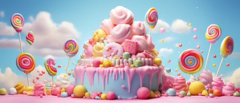 Colorful fantasy candy land with whimsical cake surrounded by sweets and lollipops against sky background. Whimsical confectionery and childhood imagination.
