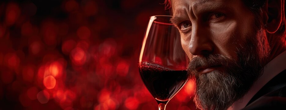A male sommelier with a beard holding a glass of red wine.