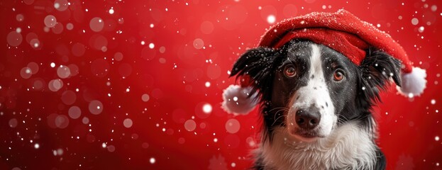 A black and white dog wearing a santa hat stands against a red christmas background.