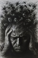 Black and white sketchy illustration of man with headache fighting against mental health issues. Vertical image