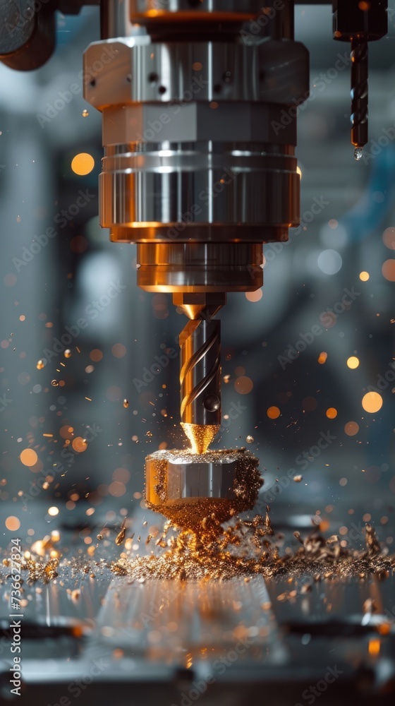 Poster a close-up shot of a machine using a drill bit to cut through a piece of metal.