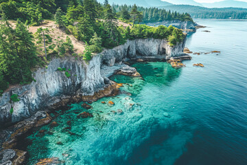 Panoramic Aerial drone of a rocky coast line in the pacific Ocean with turquoise waters