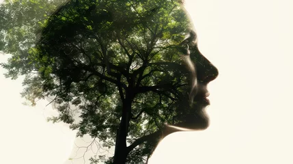 Double exposure silhouette head portrait of a thoughtful man combined with photograph of forest. Conceptual image showing unity of human with nature. Ecology, freedom, environment © Ibad