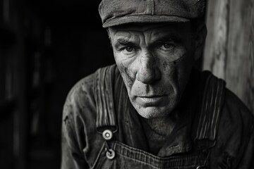 black and white, industrial factory worker with his grease-stained overalls