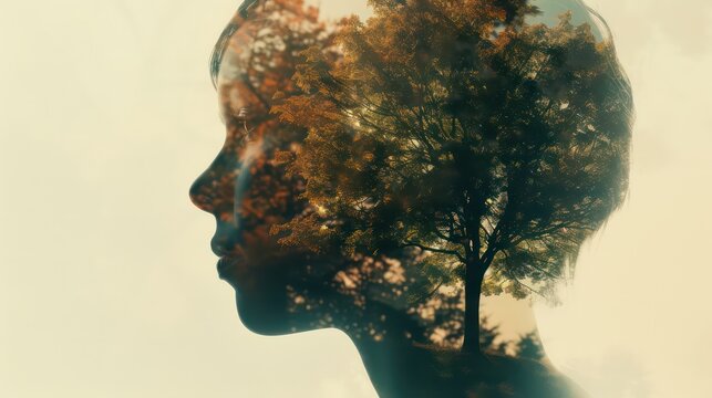 Double exposure silhouette head portrait of a thoughtful man combined with photograph of forest. Conceptual image showing unity of human with nature. Ecology, freedom, environment