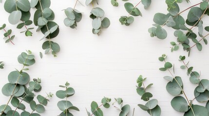 Eucalyptus leaves on white background. Frame made of eucalyptus branches. Flat lay, top view, copy space - obrazy, fototapety, plakaty