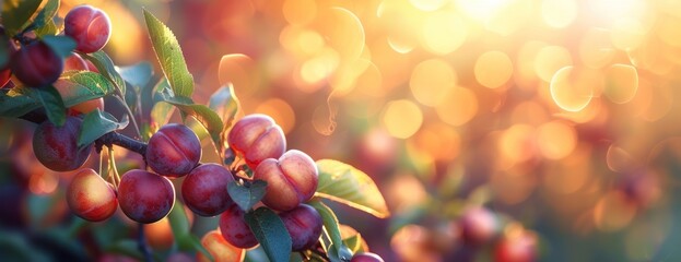 A detailed view of a cluster of ripe berries hanging from a tree branch against a blurred background. - Powered by Adobe
