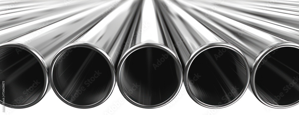 Poster a row of metal pipes, isolated on a white background, creating a neat and organized pattern.