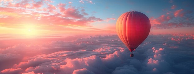 A hot air balloon floats high in the sky, gliding gracefully above the clouds. - obrazy, fototapety, plakaty