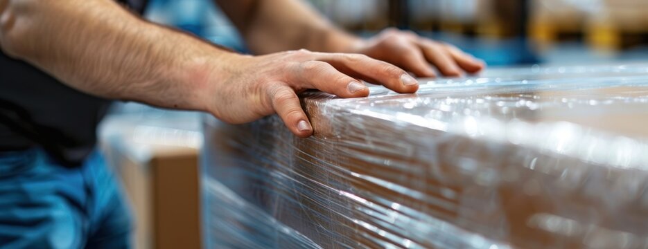 A man is seen actively moving a piece of plastic on a conveyor belt as part of a process to wrap a box with stretch film.