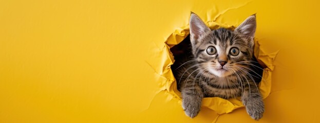 A funny gray tabby kitten with beautiful big eyes peeking out of a hole in a yellow wall.