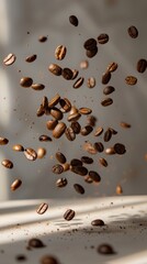Fototapeta premium A captivating image showcasing a bunch of coffee beans in mid-air as they fall.