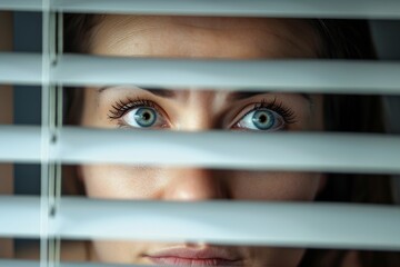 eyes of a young woman looking through blind windows