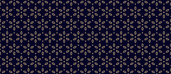 Golden geometric floral pattern. Vector ornamental seamless texture in traditional oriental style. Abstract luxury ornament with flower shapes. Elegant black and gold background. Repeated geo design