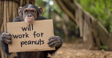 a jobless and homeless ape holding a cardboard sign with "will work for peanuts" written on it, in a busy city 