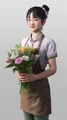 A woman in an apron holding a bunch of flowers, female asian florist in brown apron