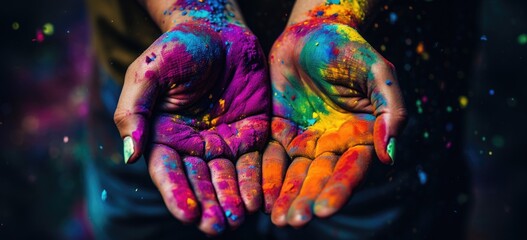 Colorful painted hands in air. Creativity and art. Banner. - obrazy, fototapety, plakaty