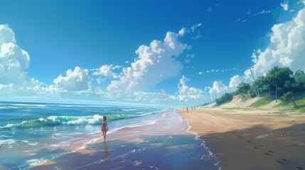 A view of a beach with blue sky and some people in it using Japanese animation or anime style drawing. Cartoon-themed background. Created with Generative AI.