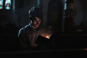 man sitting in church reading a bible