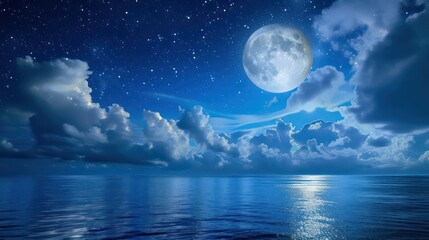 3d rendering of night in sea landscape with moonlight. Fantasy night landscape