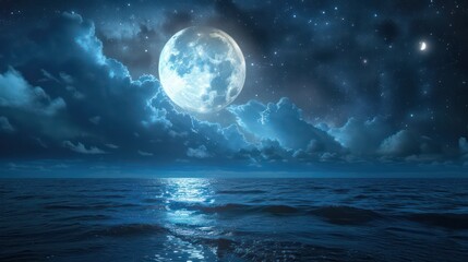 Naklejka na ściany i meble romantic and scenic panorama with full moon on sea to night