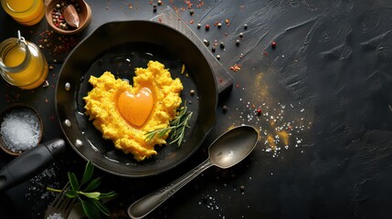 top view of scrambled eggs in the shape of a heart, a symbol of love, fried egg on a clay plate, on a wooden background. Template for a healthy breakfast, close-up.