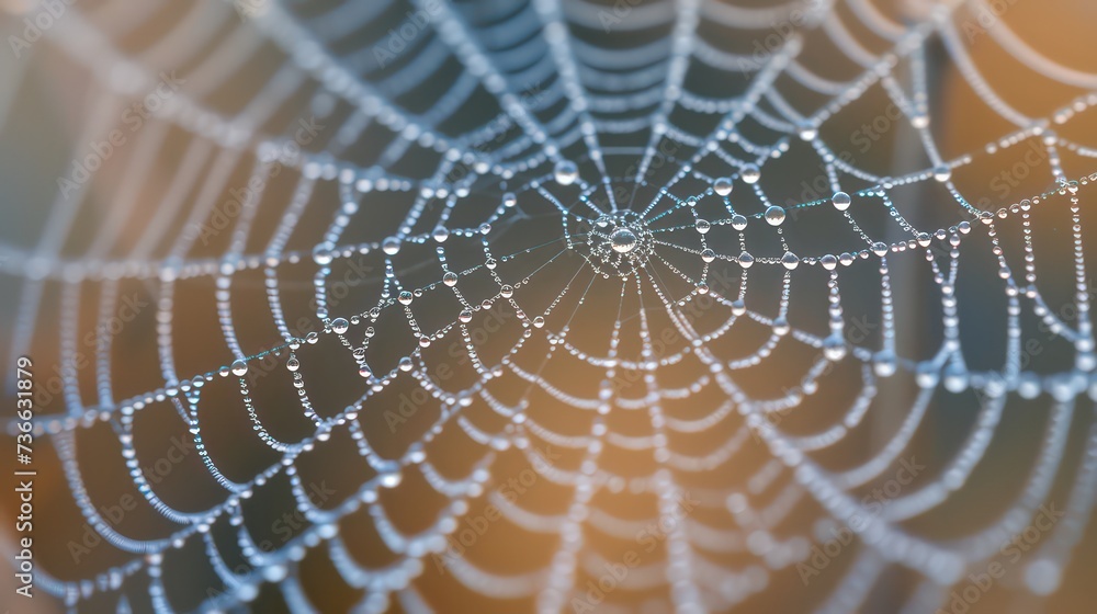 Wall mural cobweb or spiderweb natural rain pattern background close-up. cobweb with drops of rain pattern in b