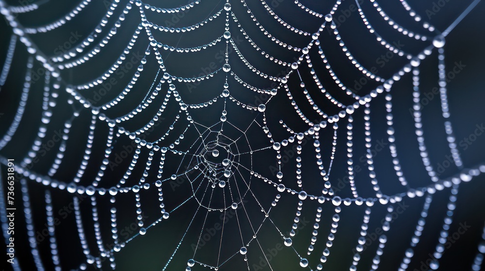 Wall mural cobweb or spiderweb natural rain pattern background close-up. cobweb with drops of rain pattern in b