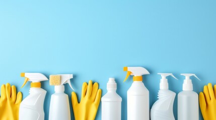Arrangement of essential cleaning supplies on bright blue background with copy space - obrazy, fototapety, plakaty
