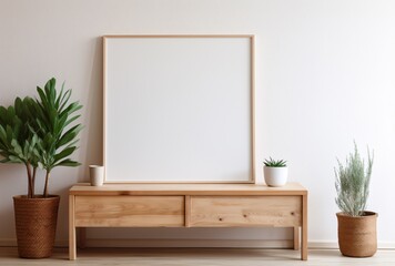 a white frame on a wooden table next to a plant