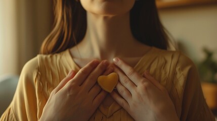 Close up of a peaceful calm young woman holding hands on heart on beige graceful background, concept of calm down, slow life, relaxation.