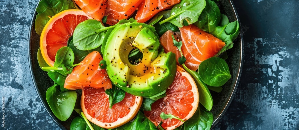 Sticker Delicious and healthy salad with smoked salmon, avocado, and grapefruit.