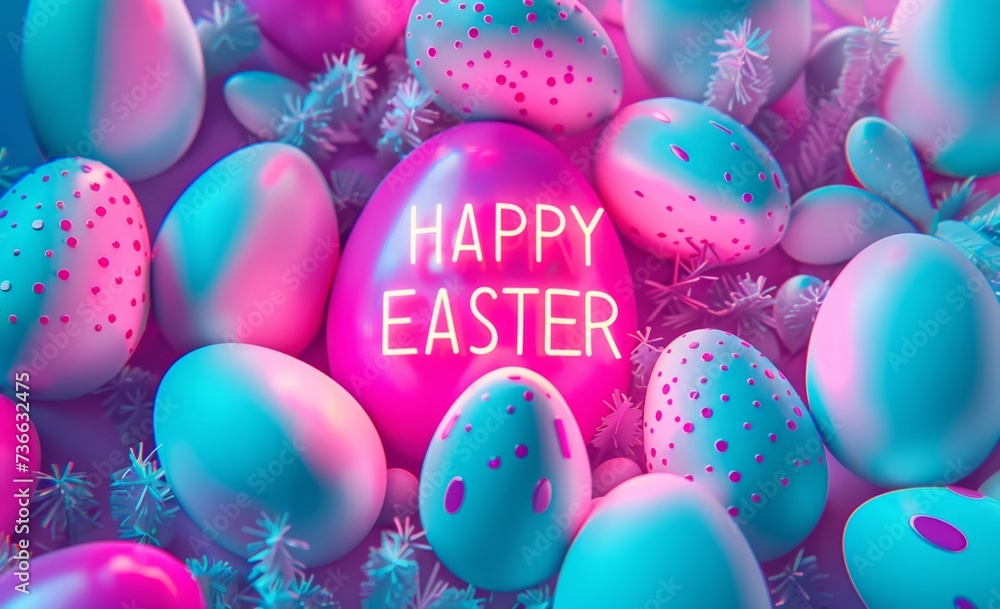 Poster happy easter neon text on the background of colorful eggs generative ai