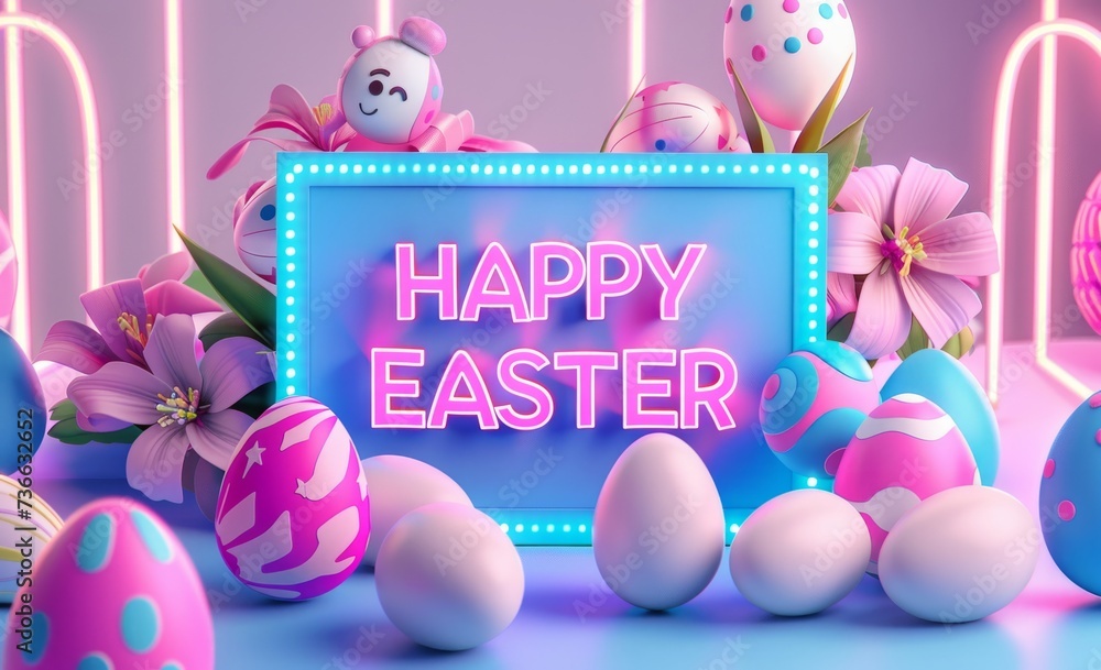 Poster happy easter sign on a background with easter eggs and frame in the background generative ai